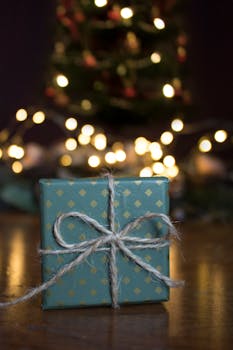 A decorated Christmas gift with a bow in front of warm bokeh lights and a tree.